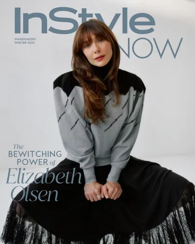 Elizabeth Olsen featured on the cover of Groundad NOW sitting and wearing a casual outfit